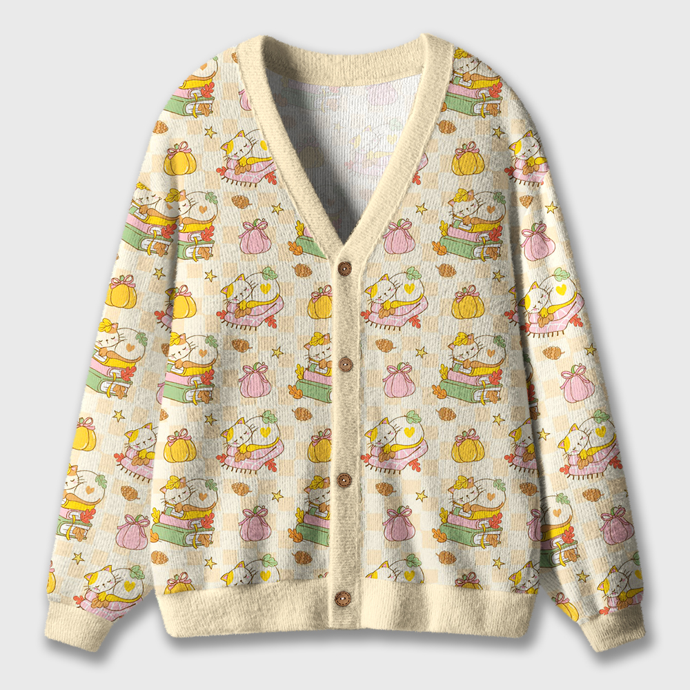 Cozy Cat And Books Teacher Ugly Cardigan Sweaters