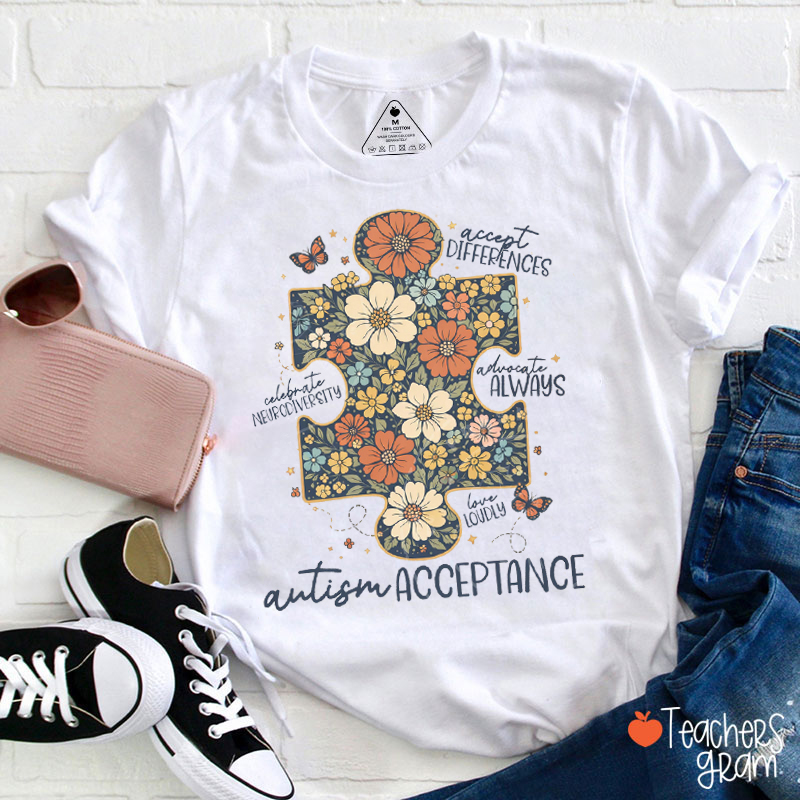 Autism Acceptance FLoral Puzzle Teacher T-Shirt