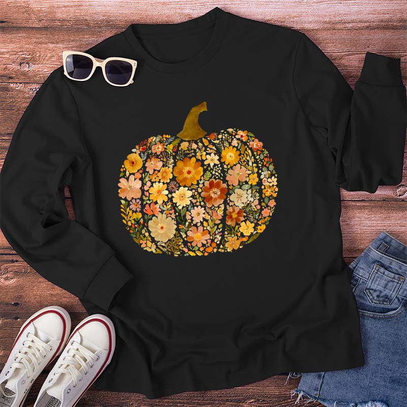 Pumpkin Orange Flowers Grass Teacher Long Sleeve T-Shirt