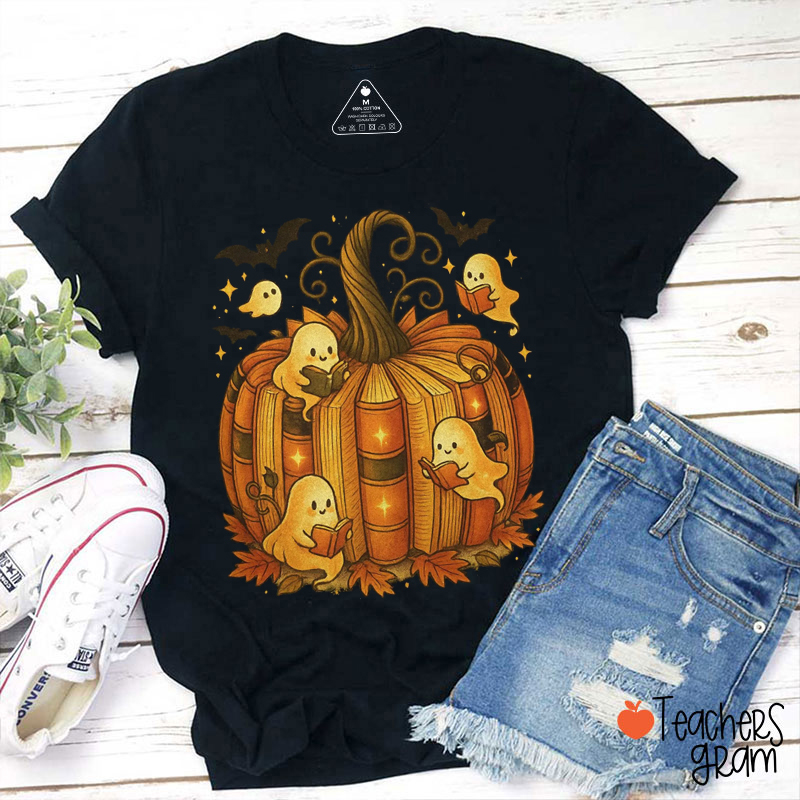 Halloween Reading Ghosts Pumpkin Teacher T-Shirt