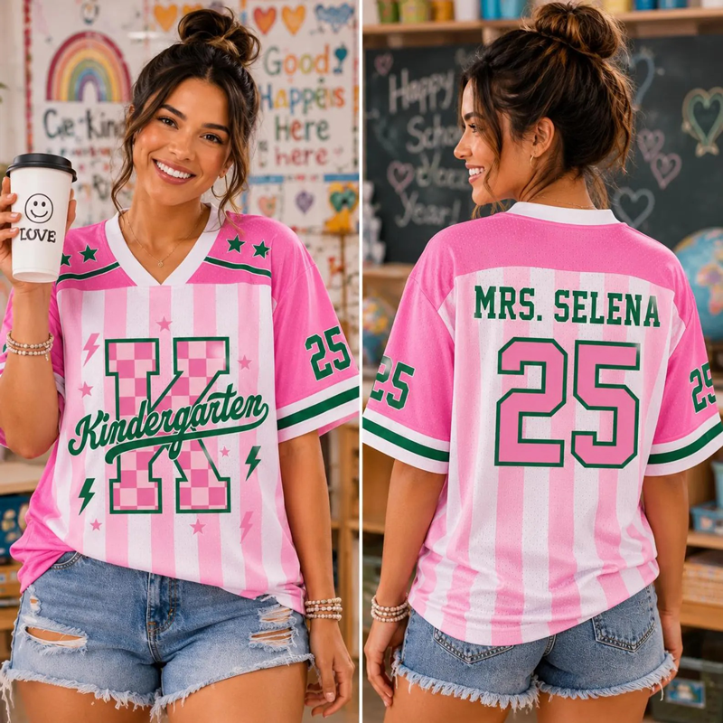 Personalized Grade Pastel Stripe Check Number Teacher Mesh Jersey