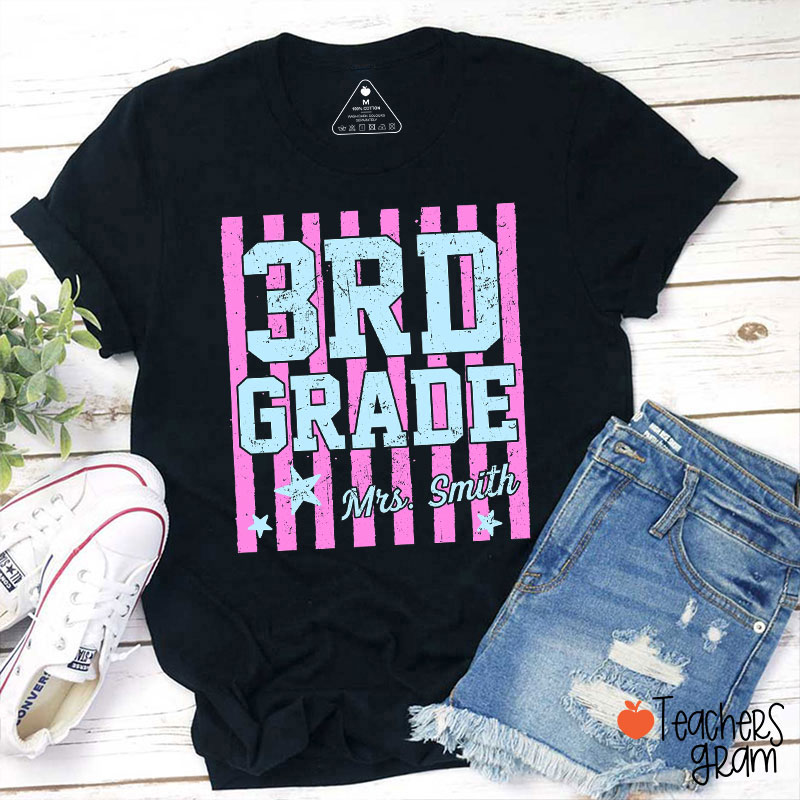Personalized Grade Pink Stripes And Stars Teacher T-Shirt