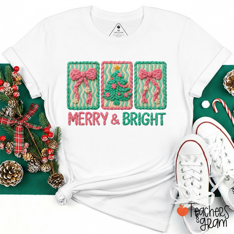Faux Yarn Merry And Bright Teacher T-Shirt