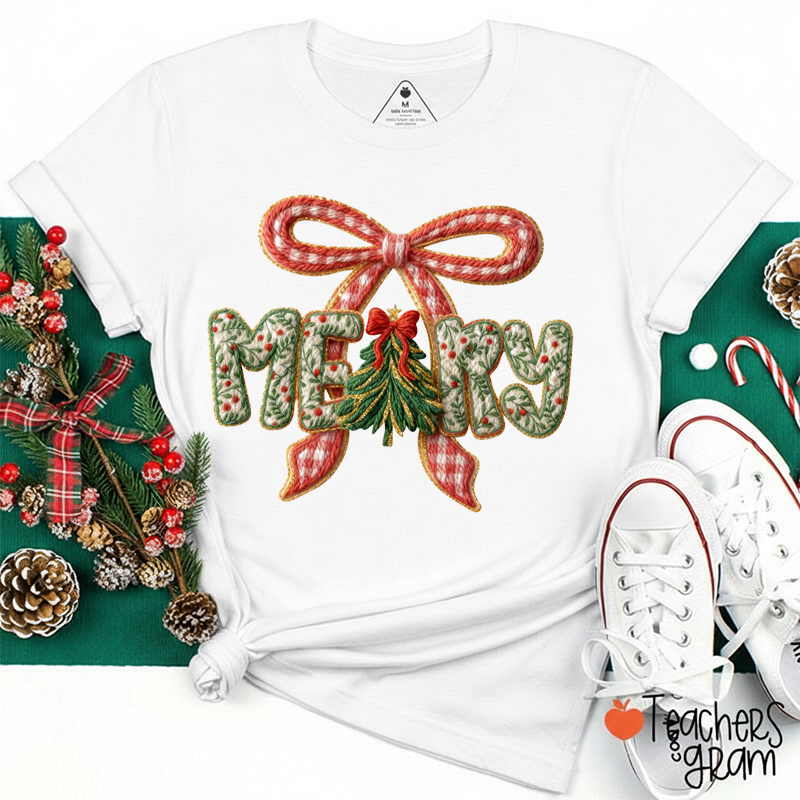 Faux Yarn Coquette Bow Merry Christmas Teacher T-Shirt