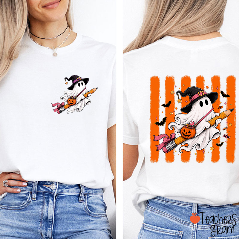 Ghost Witch Pencil Teacher Two Sided T-Shirt