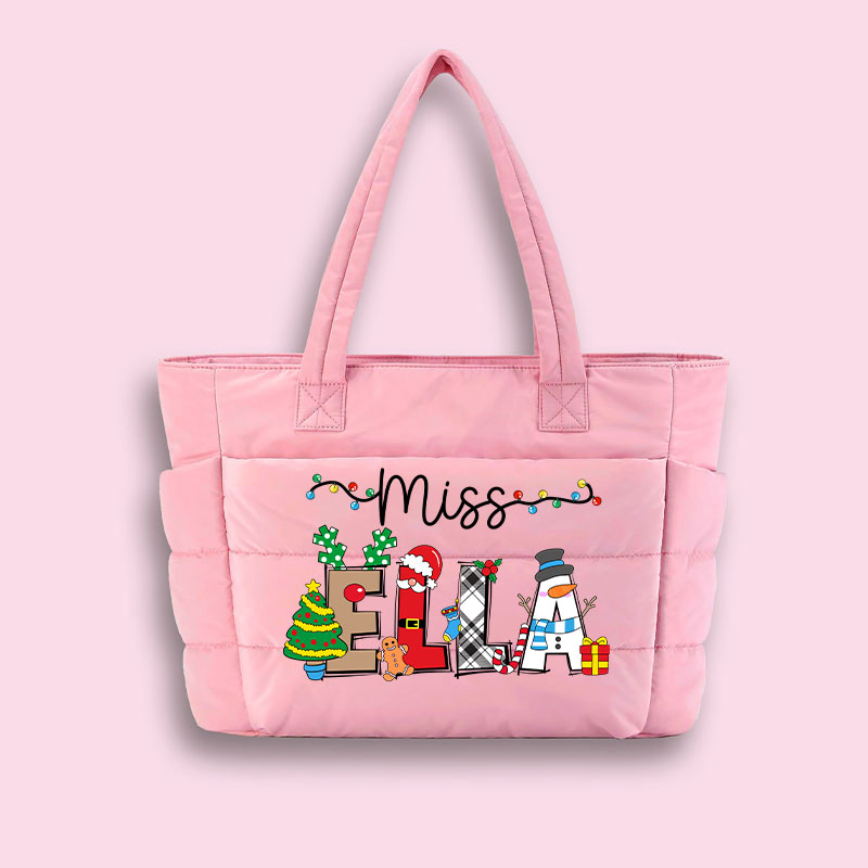 Personalized Name Cute Christmas Elements Teacher Puffy Tote Bag