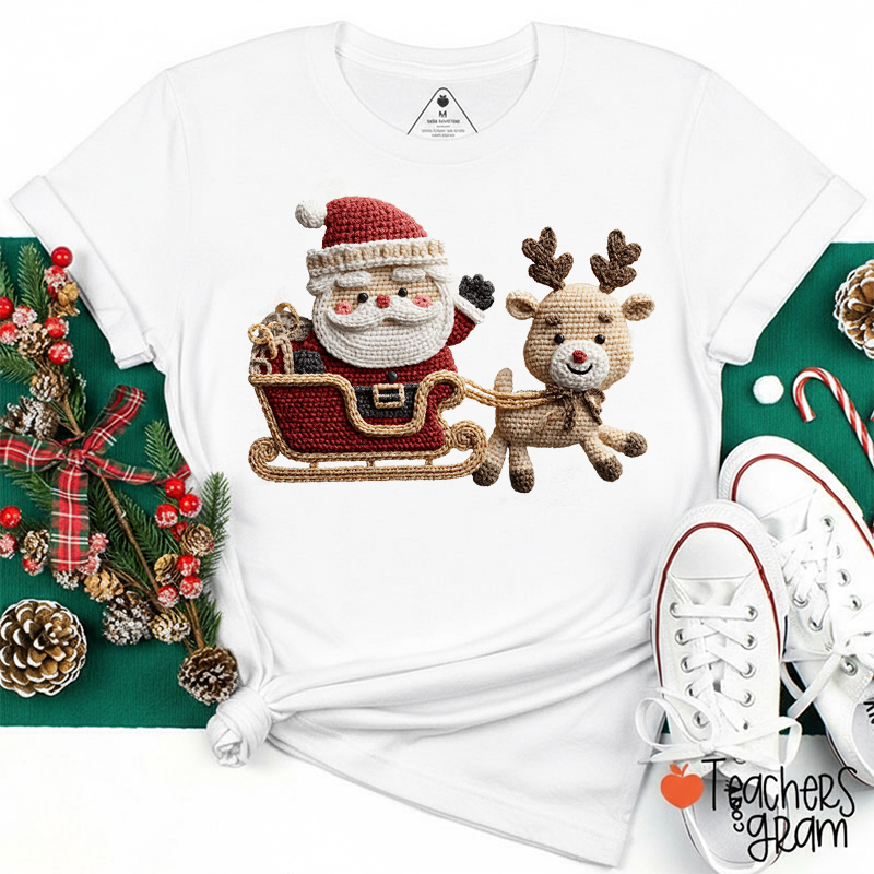 Faux Yarn Santa Claus And Elk Teacher T-Shirt