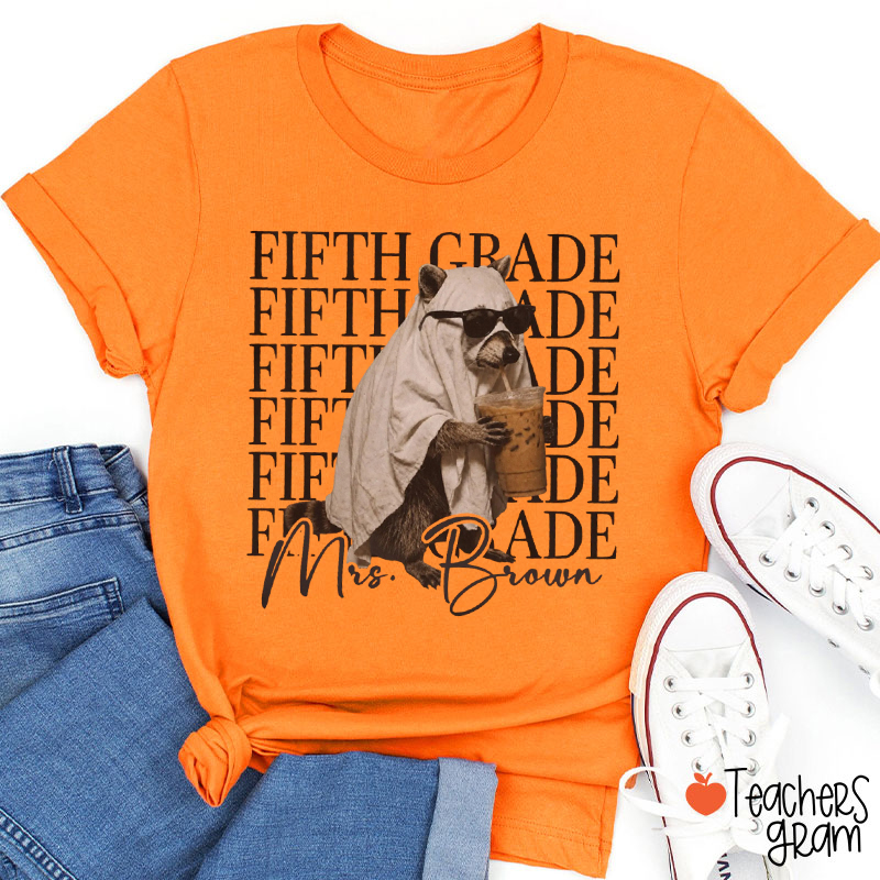 Personalized Grade And Name Ghost Raccoon Graphic Teacher T‑Shirt