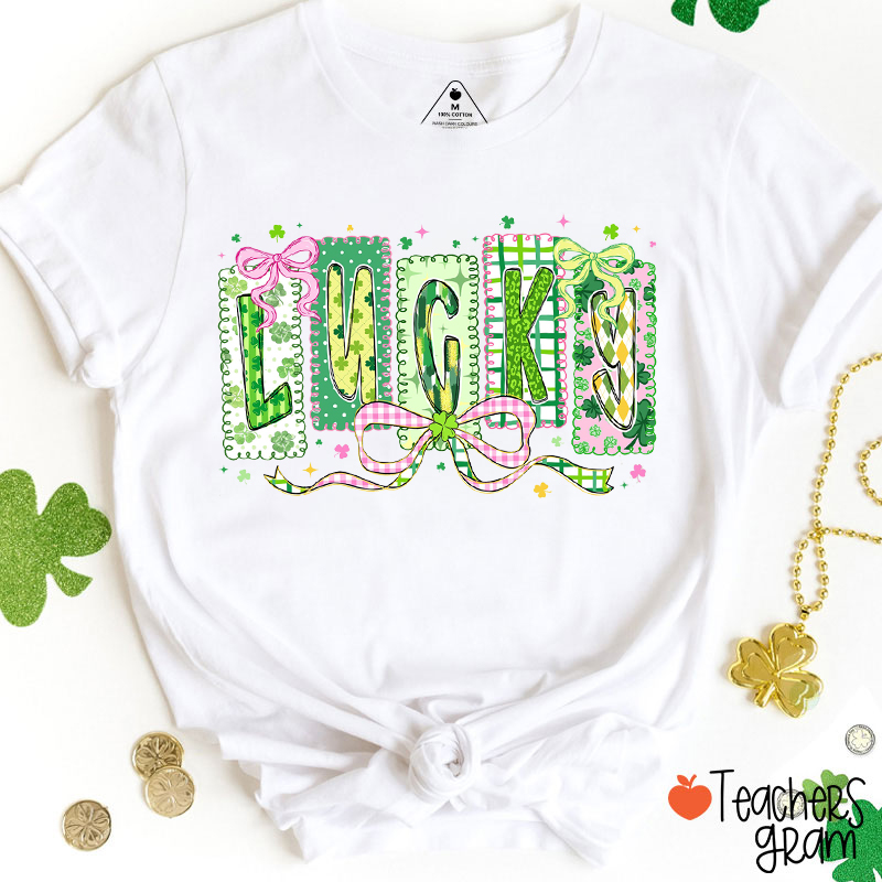 Lucky Shamrock Coquette Bow Teacher T-Shirt