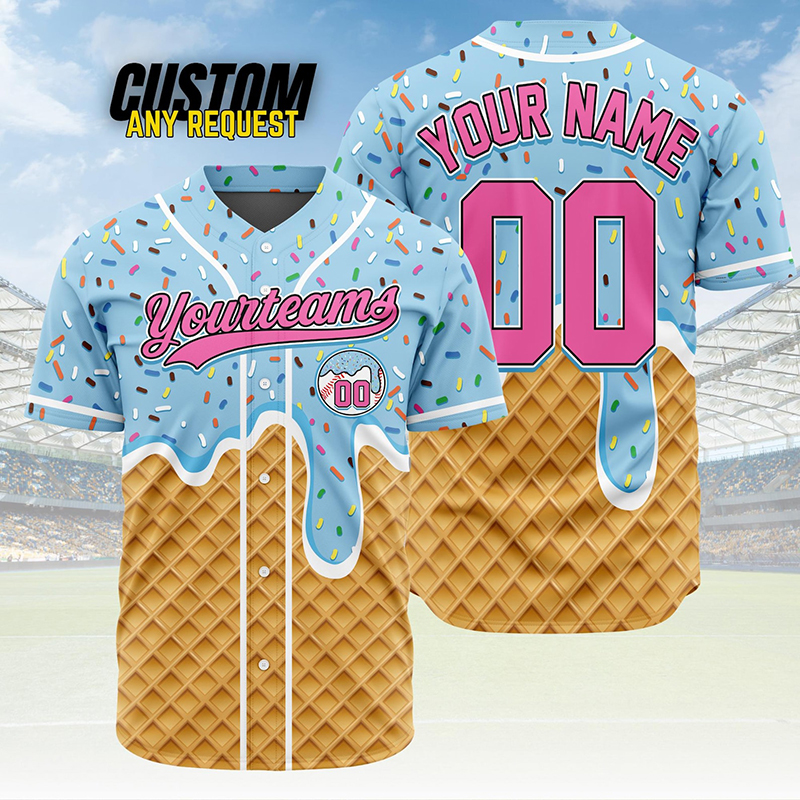 Personalized Name Preppy Ice Cream Waffle Sprinkles Custom Baseball Jersey