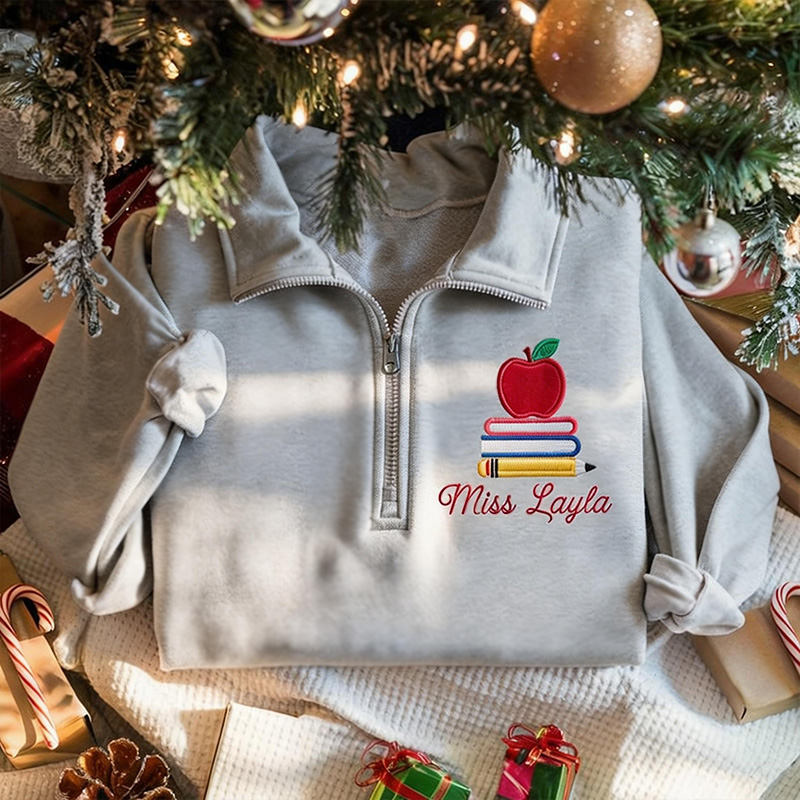 Personalized Name Embroidery Book And Apple Quarter Zip Sweatshirt