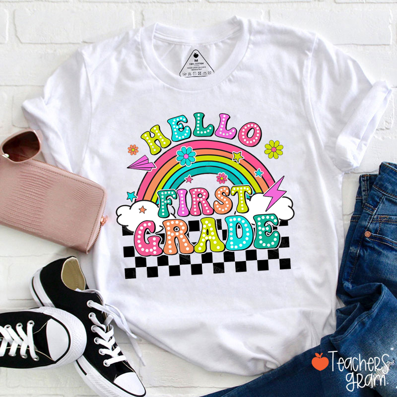 Personalized Grade Checkered Rainbow Teacher T-Shirt