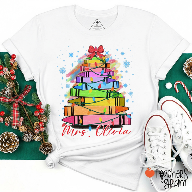Personalized Name Snowflake Crayon Christmas Tree Teacher T-Shirt