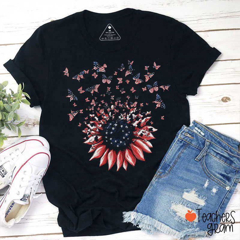 Butterflies American Sunflower Teacher T-Shirt