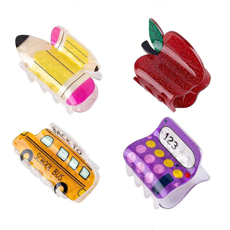 School Bus Apple Calculator Pencil Claw Teacher Hair Clips