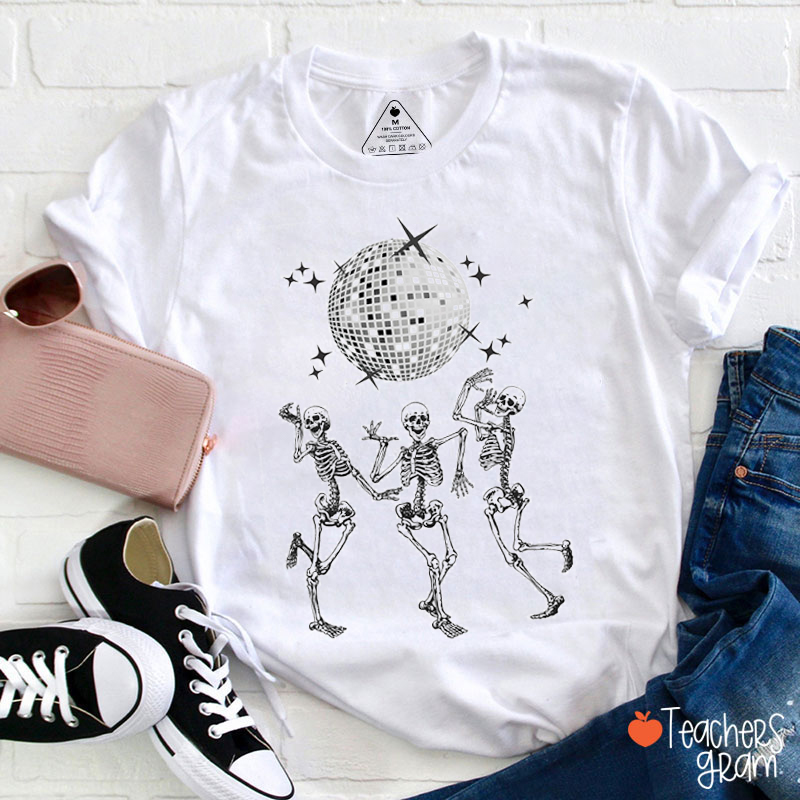 Disco Dancing Skeletons Halloween Teacher T-Shirt