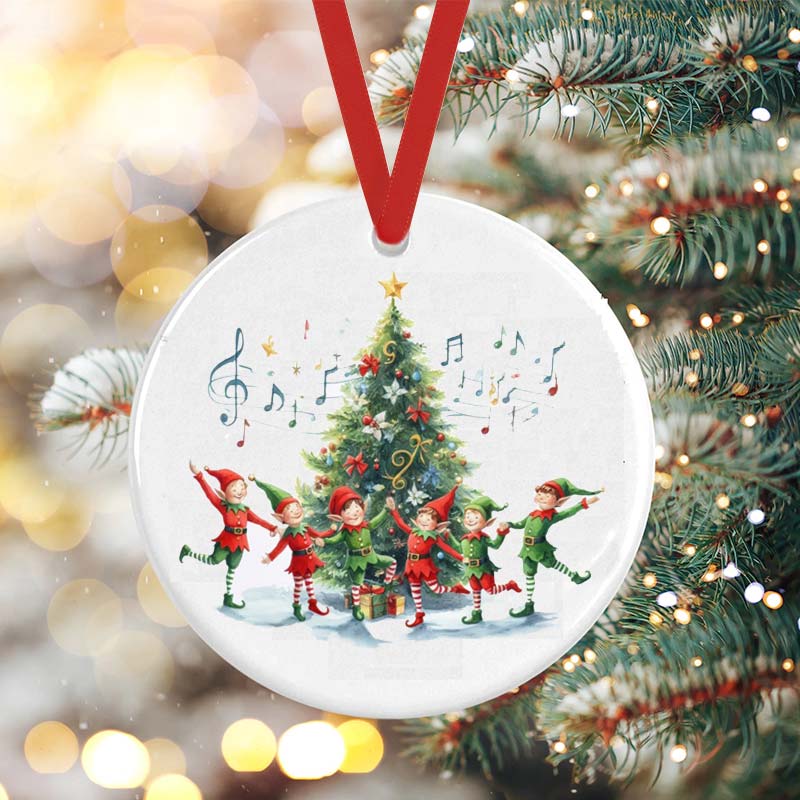 Elves Dancing Around The Christmas Tree Teacher Ceramic Christmas Ornament