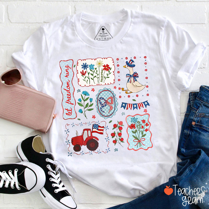 Cottagecore Floral USA Goose Teacher T-Shirt