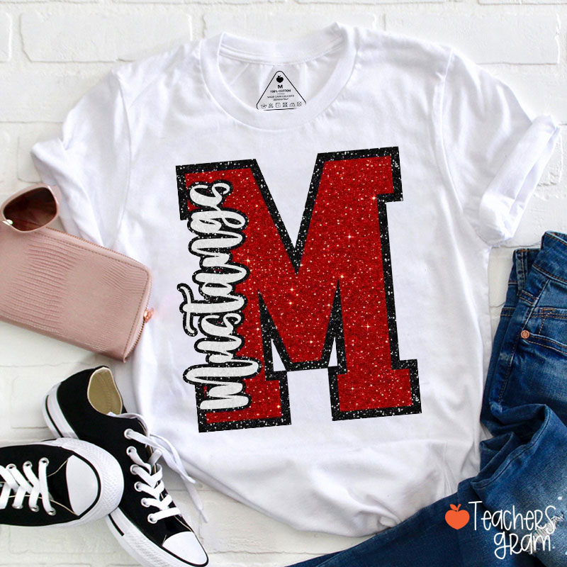 Personalized Mascot Glitter Varsity Letter Teacher T-Shirt