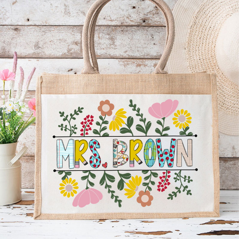 Personalized A Cluster Of Blooming Flowers Teacher Jute Lunch Bag