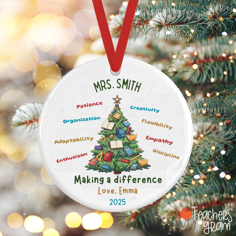 Personalized Name Making A Difference Teacher Ceramic Christmas Ornament