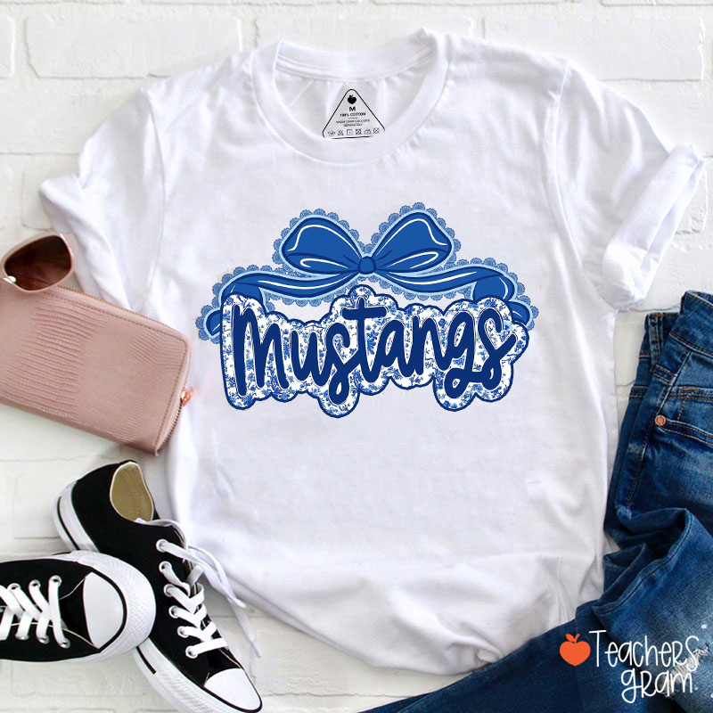 Personalized Mascot Blue And White Porcelain Lace Bow Teacher T-Shirt
