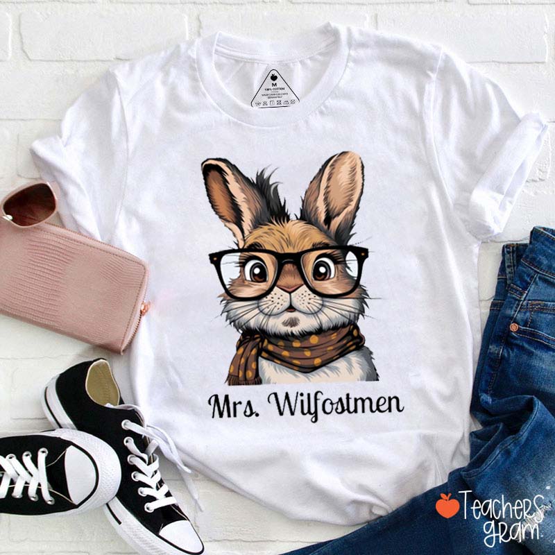 Personalized Fluffy Bunny With Glass Teacher Tee