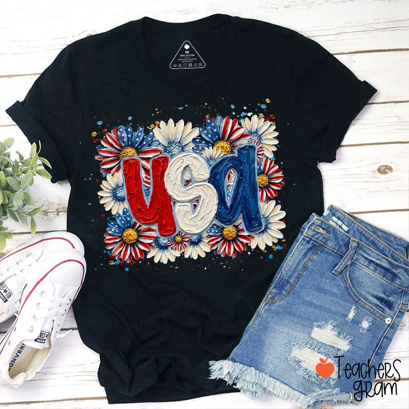 USA Daisy Colorful Brushstroke Teacher T-Shirt