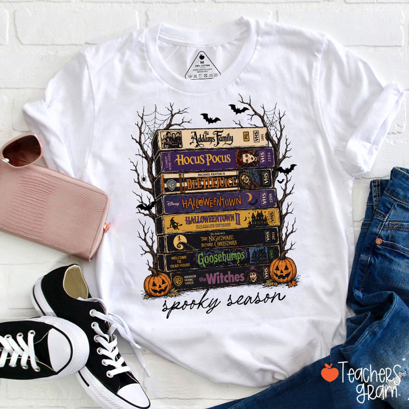 Spooky Season Halloween Movie Tapes Graphic Teacher T‑Shirt