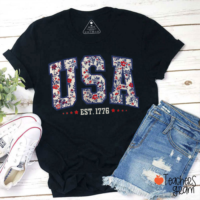 Retro Floral USA Teacher T-Shirt