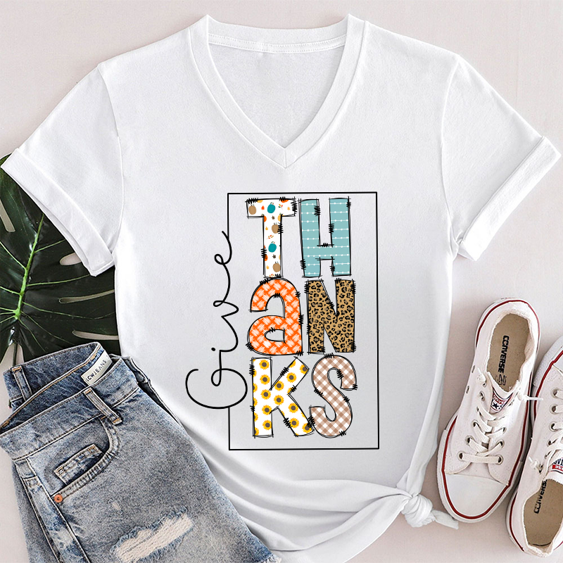 Give Thanks Teacher Female V-Neck T-Shirt