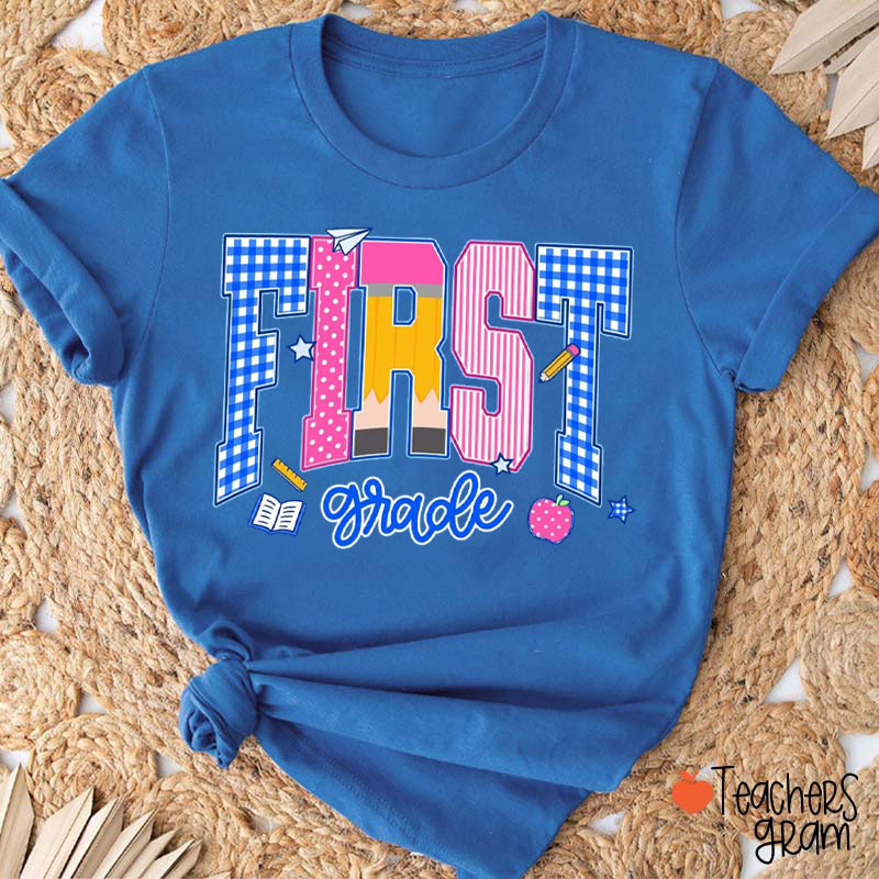 Personalized Grade Gingham Polka Dot Pencil Teacher T-Shirt