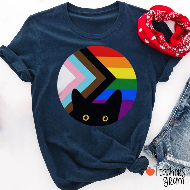 Rainbow And Black Cat Teacher T-Shirt