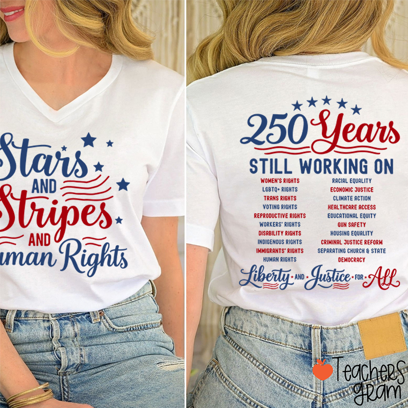 Stars And Stripes And Human Rights Teacher Female V-Neck Two Sided T-Shirt