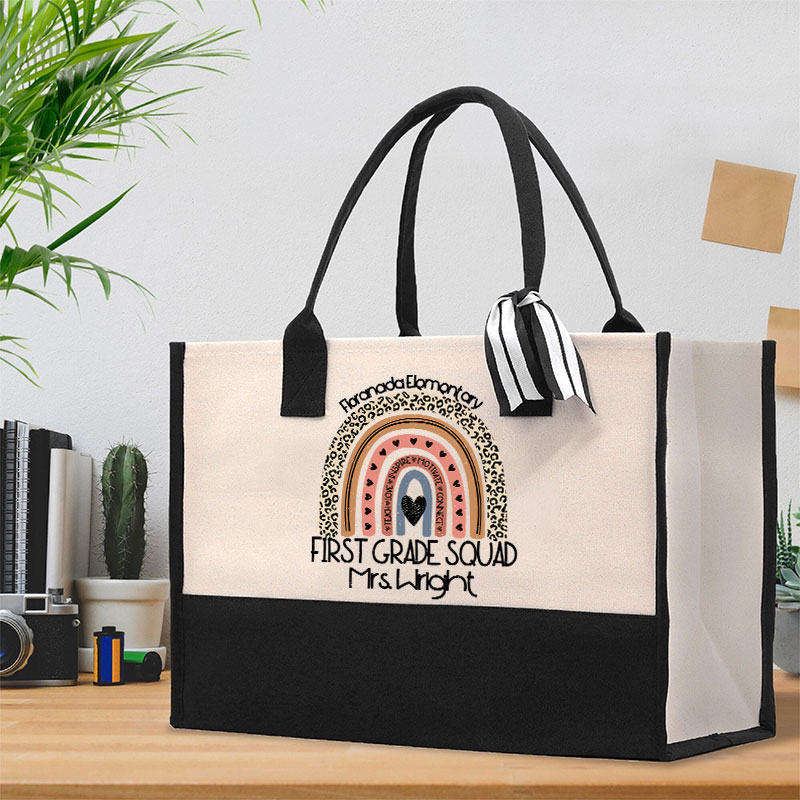 Personalized Grade Name And School Name Leopard Rainbow Teacher Cotton Tote Bag