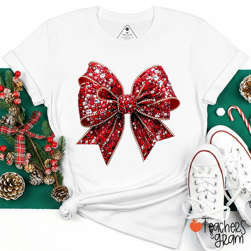 Sparkle Faux Rhinestone Christmas Bow Teacher T-Shirt