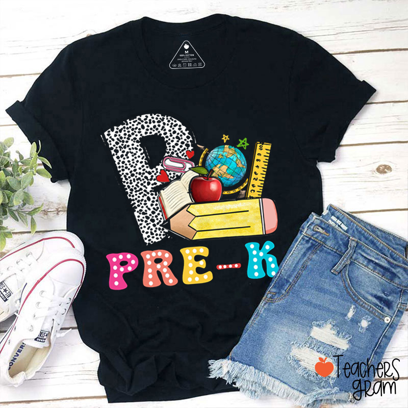 Personalized Grade Spotted Print Pencil Apple Teacher T-Shirt