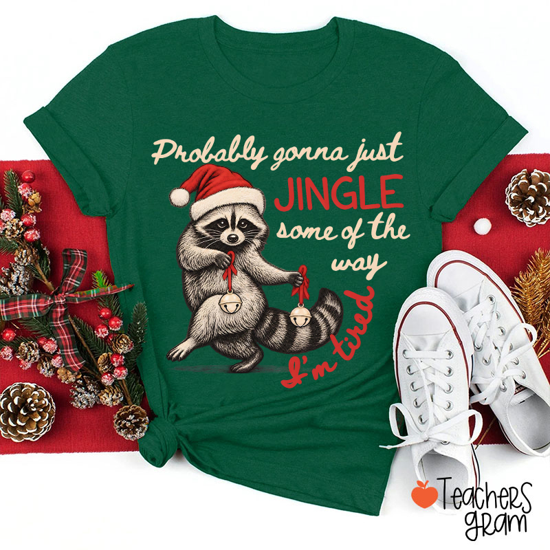 Tired Christmas Raccoon Jingle Bells Graphic Teacher T-Shirt