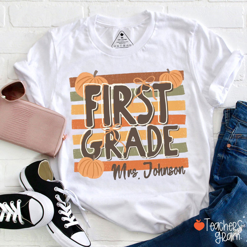 Personalized Grade Name Retro Pumpkin Stripe Teacher T-Shirt