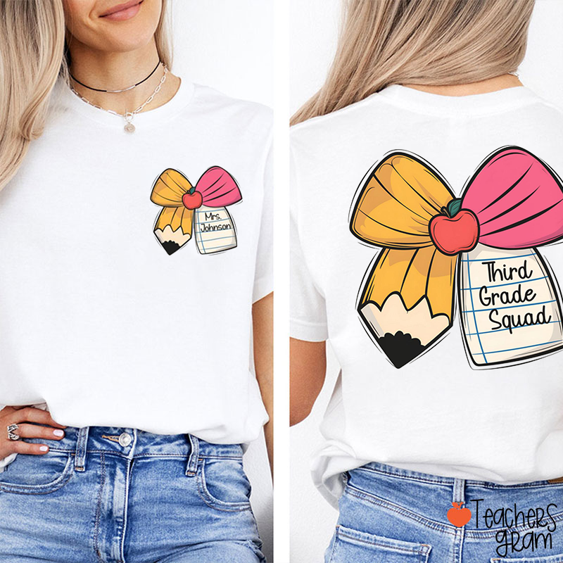 Personalized Grade Name Bow Apple Pencil Teacher Two Sided T-Shirt