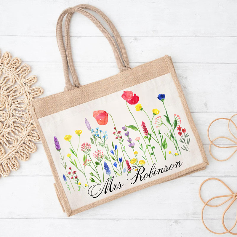 Personalized Wild Flower Teacher Jute Lunch Bag