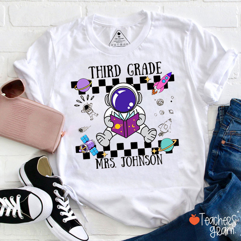 Personalized Grade Teacher Name Space Astronaut Checkerboard Planet Rocket Teacher T-Shirt