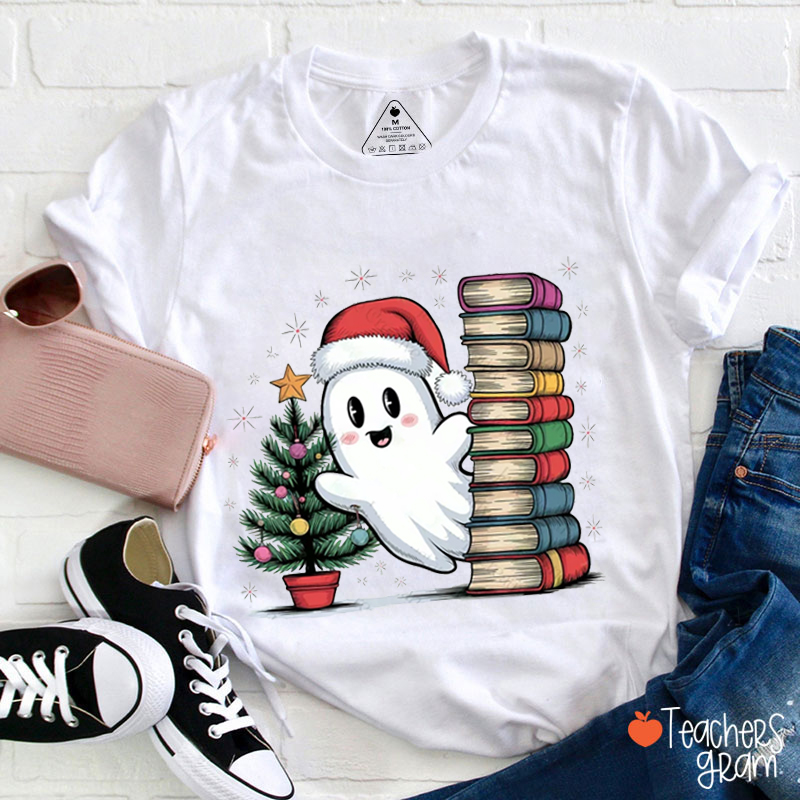 Cute Ghost Christmas Tree And A Pile Of Books Teacher T-Shirt