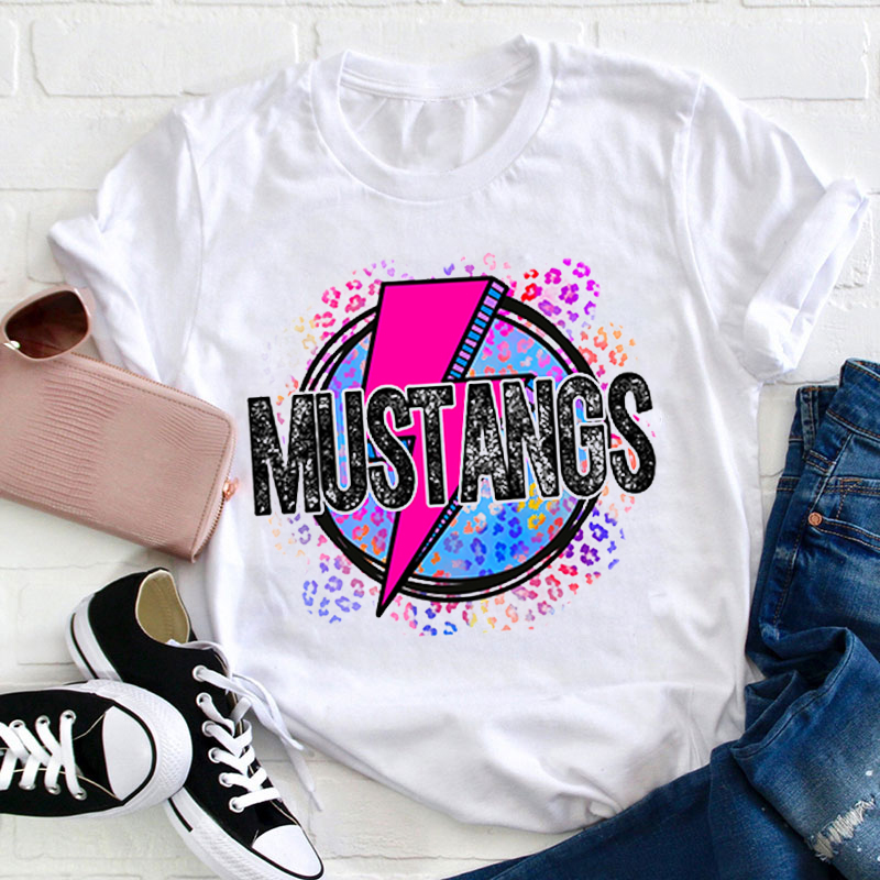 Personalized School Spirit Mascot Colorful Leopard Lightning Print Teacher T-Shirt