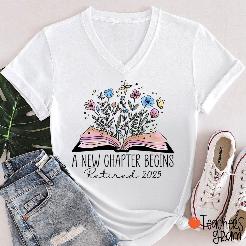 Personalized A New Chapter Begins Retired Teacher Female V-Neck T-Shirt