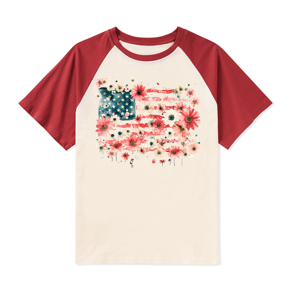 American Flag Floral Teacher Raglan T-Shirt