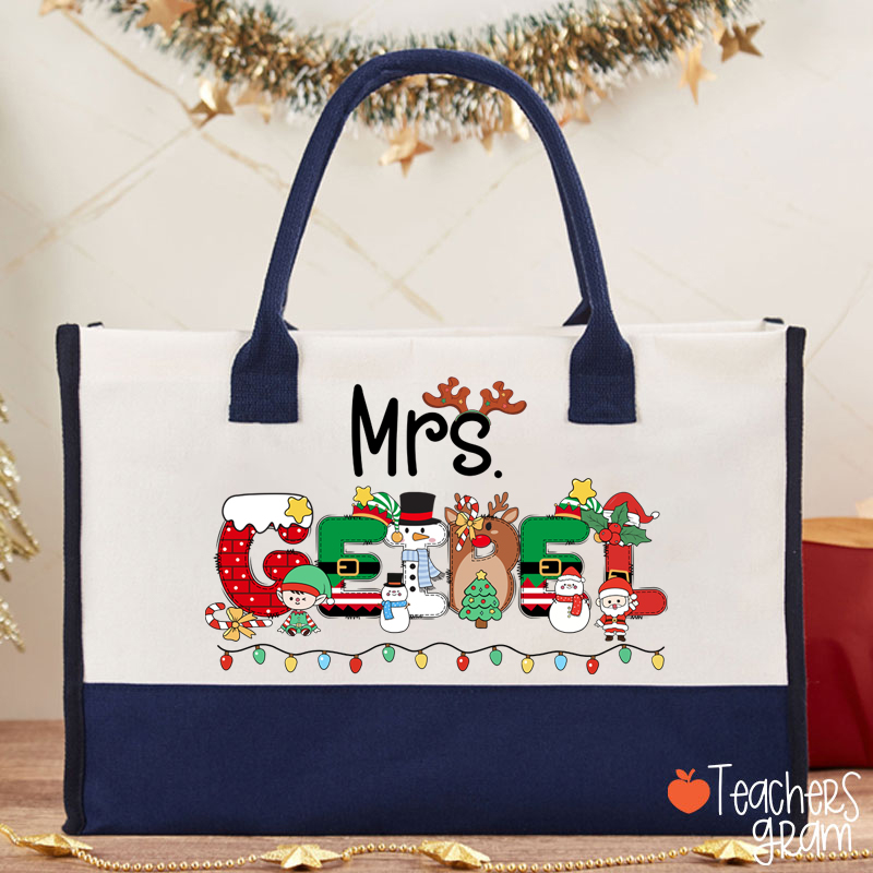 Personalized Name Christmas Lights Teacher Cotton Tote Bag