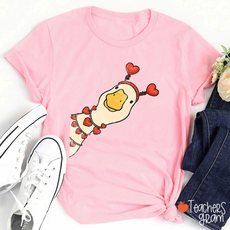 Cute Duck With Hearts On Pink Sweatshirt Teacher T-shirt