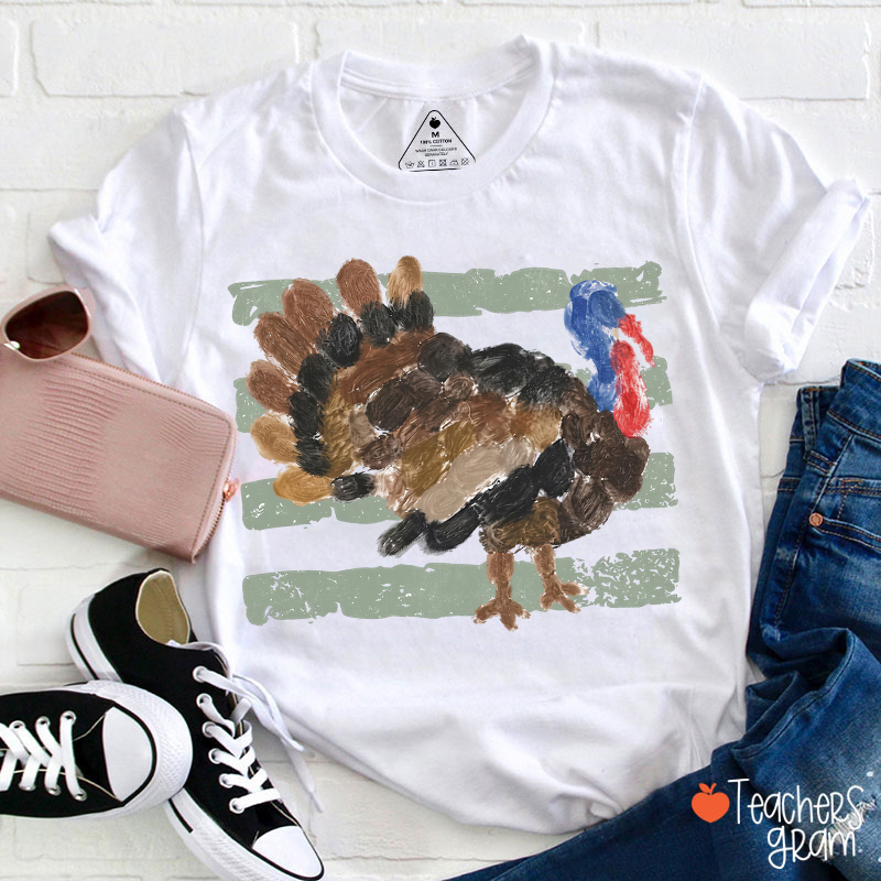 Handprint Turkey With Green Stripes Teacher T-Shirt