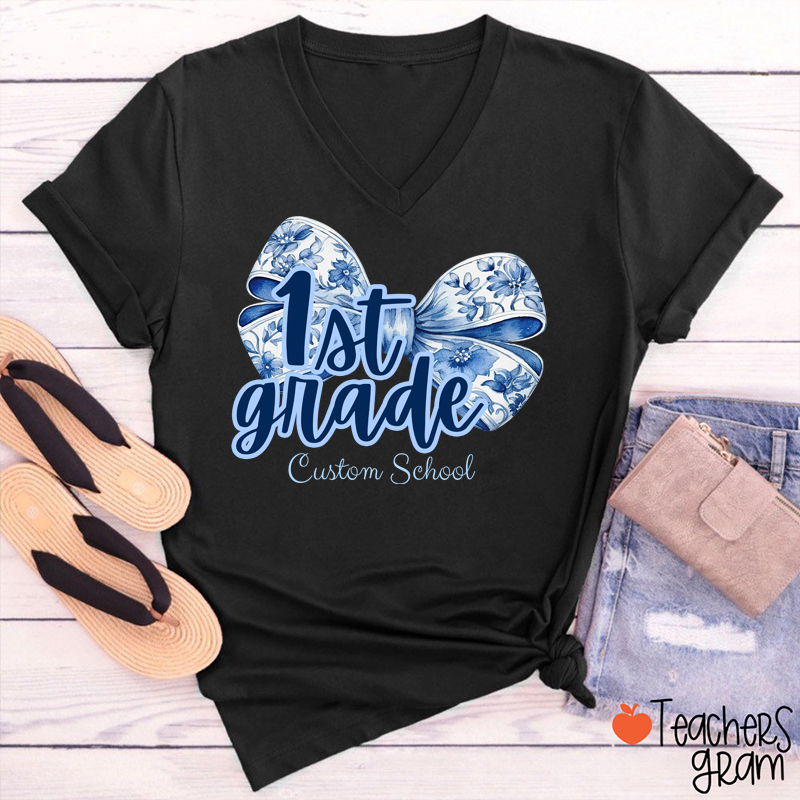 Personalized Bow Tie And Swash Teacher Female V-Neck T-Shirt